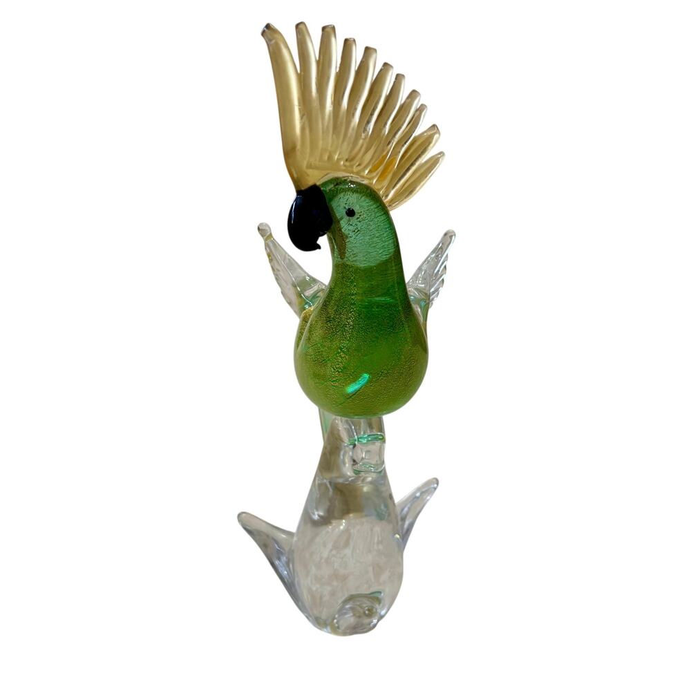 Vintage Murano Cockatoo Golden Yellow Green Body Clear Glass Signed 14.5" x 7"